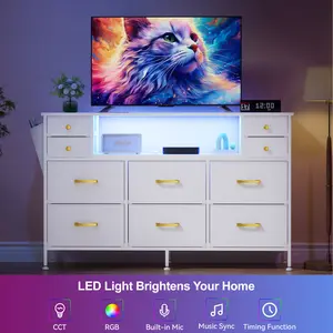 White Dresser TV Stand with LED Lights & USB Charging Station,10 Fabric Drawers Chest for Bedroom Closet Living Room, Entertainment Center with Wood Top & Storage Pockets, Fits 32-55" TV