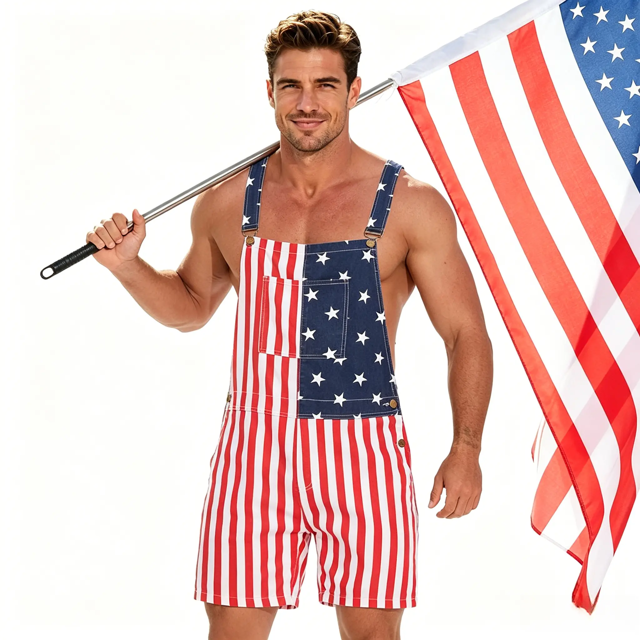 Men's Patriotic 250th Anniversary Stars-and-Stripes Flag Overalls Shorts - Menswear for Independence Day Celebration, American Flag USA 4th of July Party Wear, Work Bib Coveralls Romper Jumpsuit Gifts