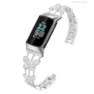 Metal Diamond Strap for Fitbit Charge 6/Charge 5 Compatible Butterfly Bracelet, Elegant Durable Stainless Steel Strap, Waterproof Strap, Suitable for Fitbit Charge 5 Strap Diamond Butterfly Strap 1 piece