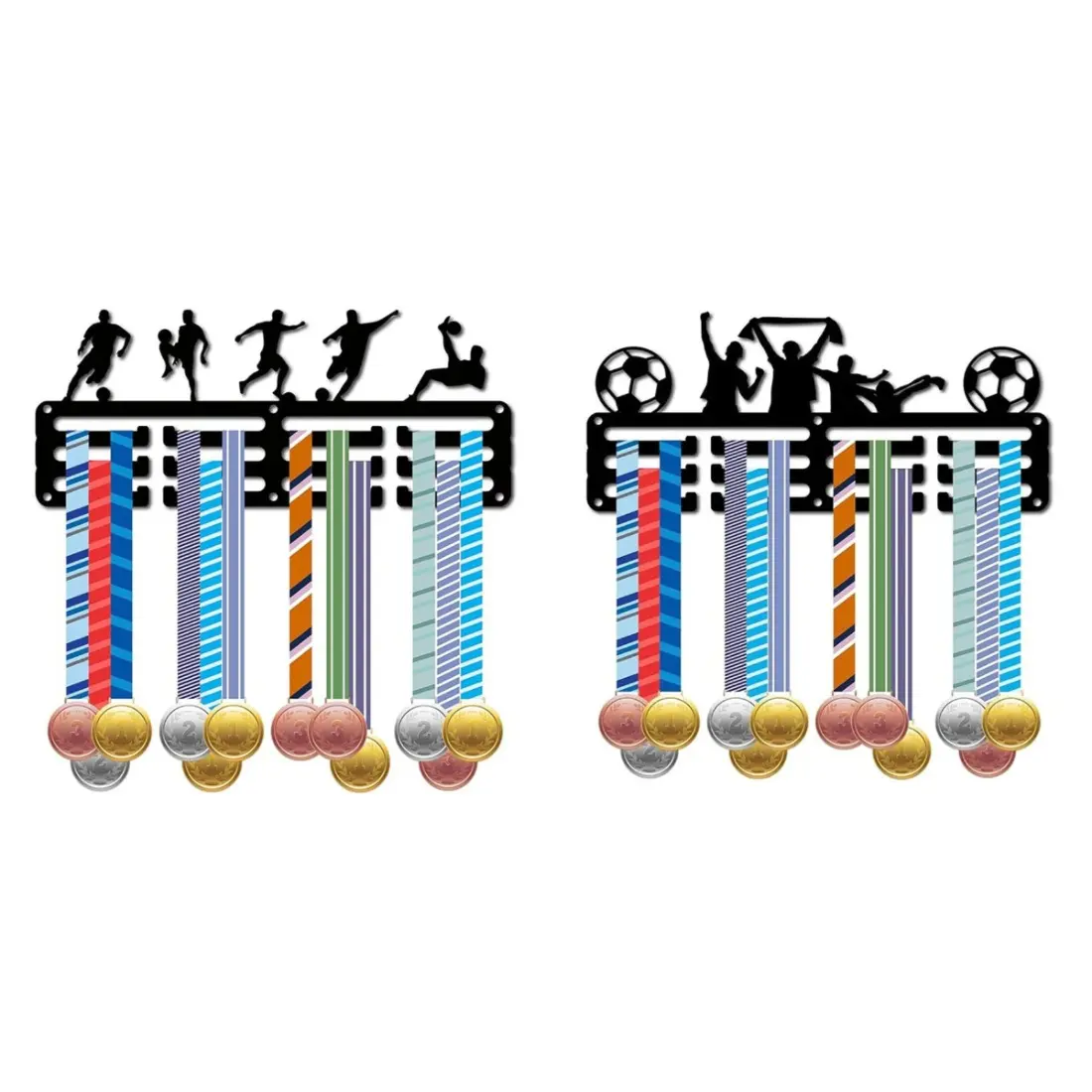 2pcs Football Medal Holder Sport Soccer Athlete Player Medals Display Stand Wall Mount Hanger Decor Organiser Black Metal Medal Holder for Games Runners Home Badge Storage 3 Rows Hanging Medals