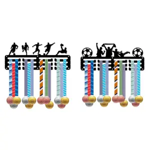 2pcs Football Medal Holder Sport Soccer Player Medals Display Stand Wall Mount Hanger Decor Black Metal Medal Holders for Games Runners Home Badge Storage 3 Rows Hanging Medals
