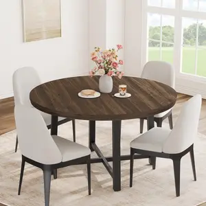 47″ Round Dining Table for 4 – Kitchen Dining Room Table with Sturdy Metal Frame – Wood Circle Kitchen Table for Space Saving – Brown + 4 Chairs