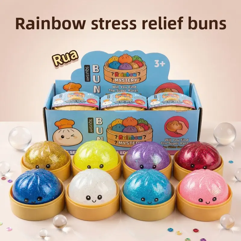 2026 New Glitter Dumpling Squishy with Steamer Box, Soft Sensory Fidget Steamed Bun Squeeze Tool for Adult Stress & Anxiety Relief, Relieve work pressure & study anxiety，Save joyful emotions，for Home Office Party
