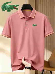 Men's Crocodile Logo Print Polo Shirt, Fitted Casual Geometric Pattern, Breathable Stretch Fabric, All-Season Comfortable Wear