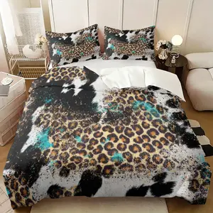 Turquoise Gold Glitter Leopard Cow Print Duvet Cover Sets,Western Splatter Animal Pattern Bedding Sets,Includes 1 Duvet Cover & 1-2 Pillowcases,Soft Breathable Bedding for Bedroom Dorm Decor,Great Gift for Western & Leopard Print Fans
