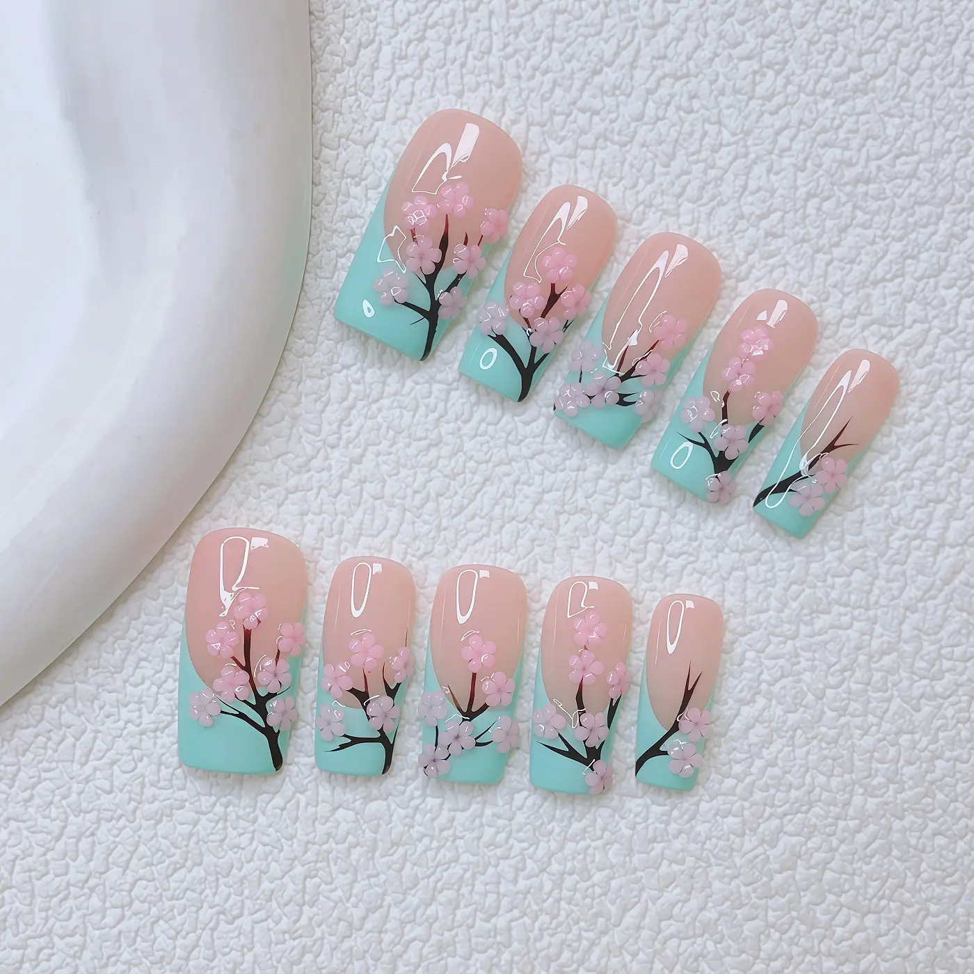 10pcs/set Y2K Nails, Blue French Tip Nails And Hand Drawn Green Tea Flowers Nails Art, Handmade Acrylic Press On Nails, Acrylic False Nails, DlY Nail Art, Square Nails, Short Nails, Perfect for Parties & Casual Attire