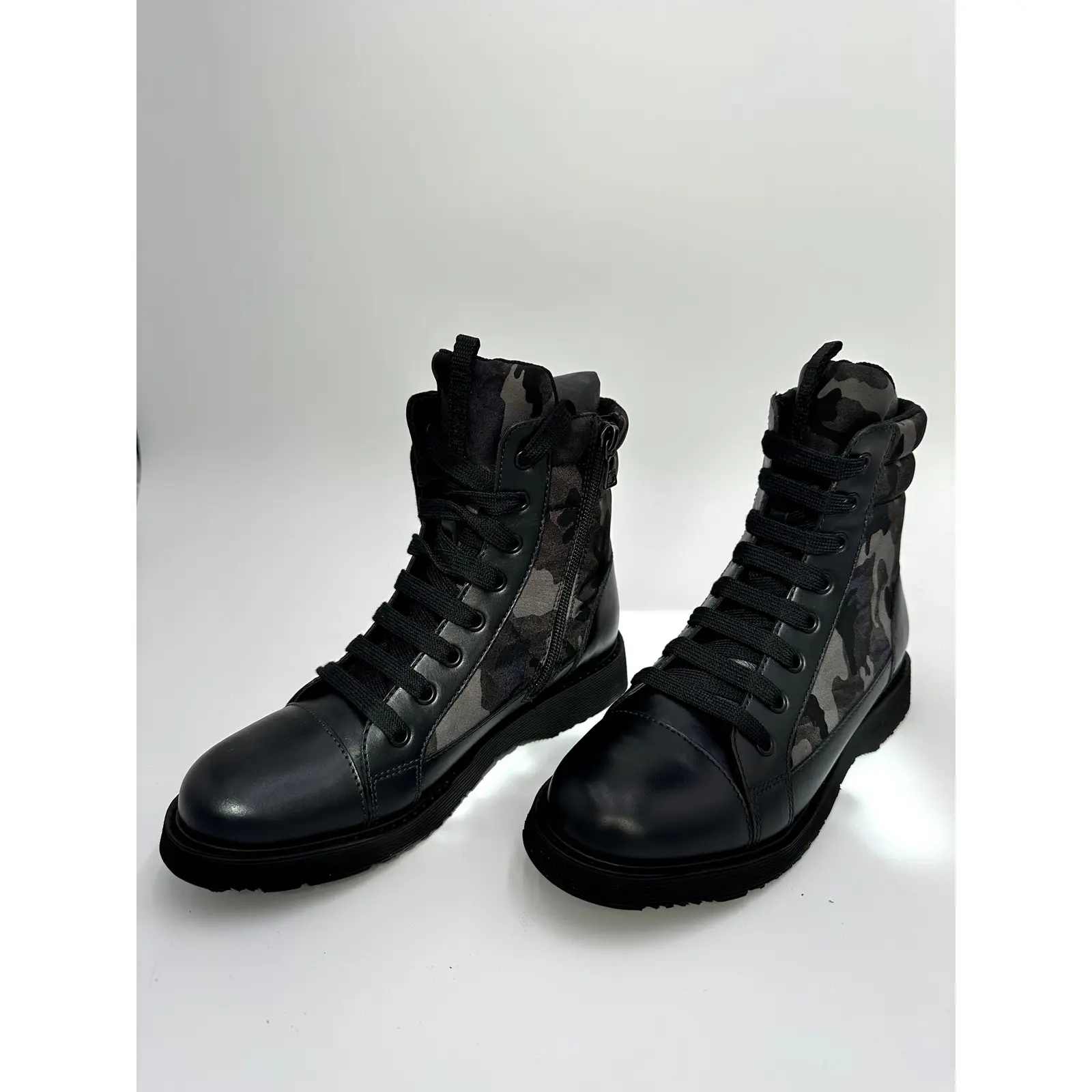 Prada Leather Cap Toe Camouflage Combat Boots #6 Size 37/7, Military, Women, Functional Side Zipper Closures, Matte Black Leather Cap-Toe
