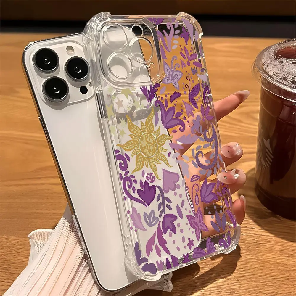 Vintage Gold Sun Totem Purple Floral Pattern for iPhone 17 16 15 14 13 12 11PROMAX Aesthetic Cute Clear Soft Phone Case with Anti Drop Shockproof Cushion Corners Protective TPU Cover for Women Girls   Heavy-duty protection