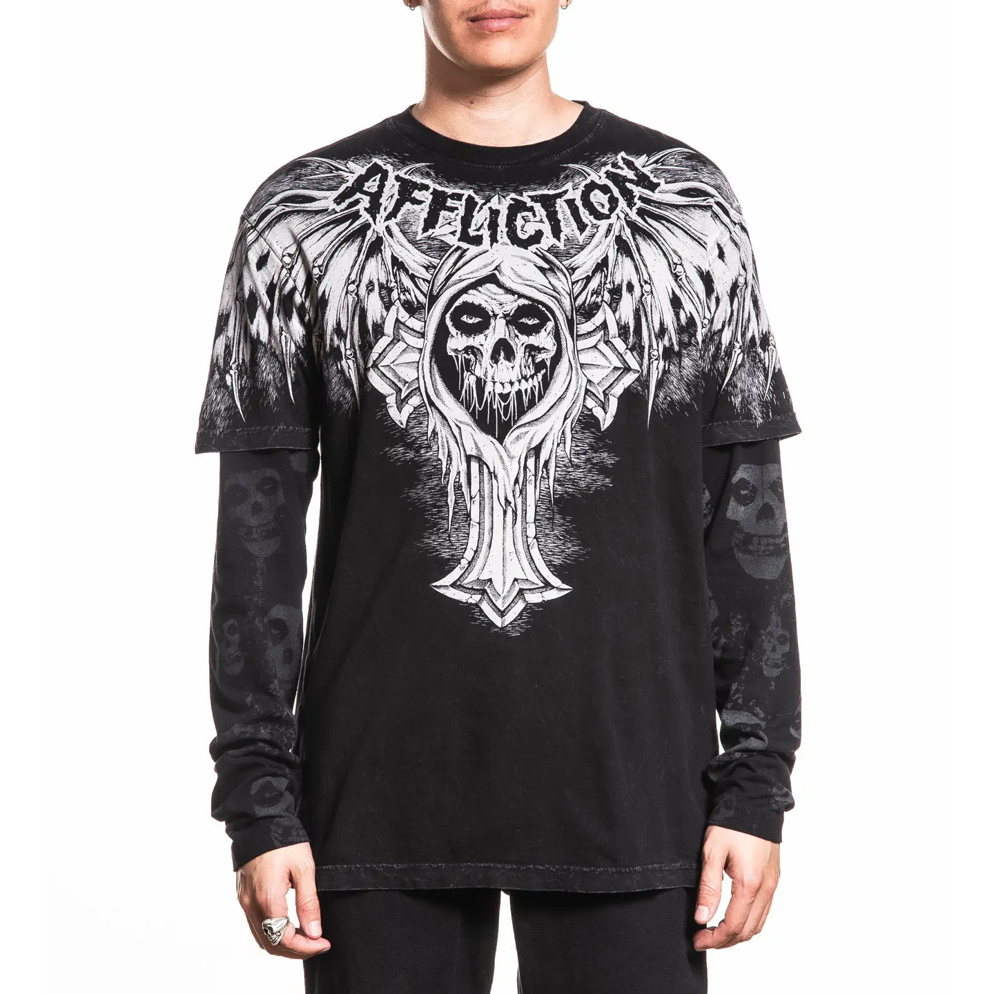 Affliction Men's Misfits Bat Layered Look Long Sleeve T-Shirt - 100% Cotton, Black Lava Wash, Graphic Print, Reactive Sleeves, Casual Jersey, Pull-On, Cold Wash, All Seasons, S, 2X, 3X, 4X