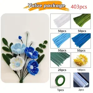 403pcs Pipe Cleaner Handmade Set, Lily Tulip Blue, Chenille Stem Kit, DIY Craft Materials, Wedding Birthday Gift, Flower, Artificial Flowers, Artificial Bouquets