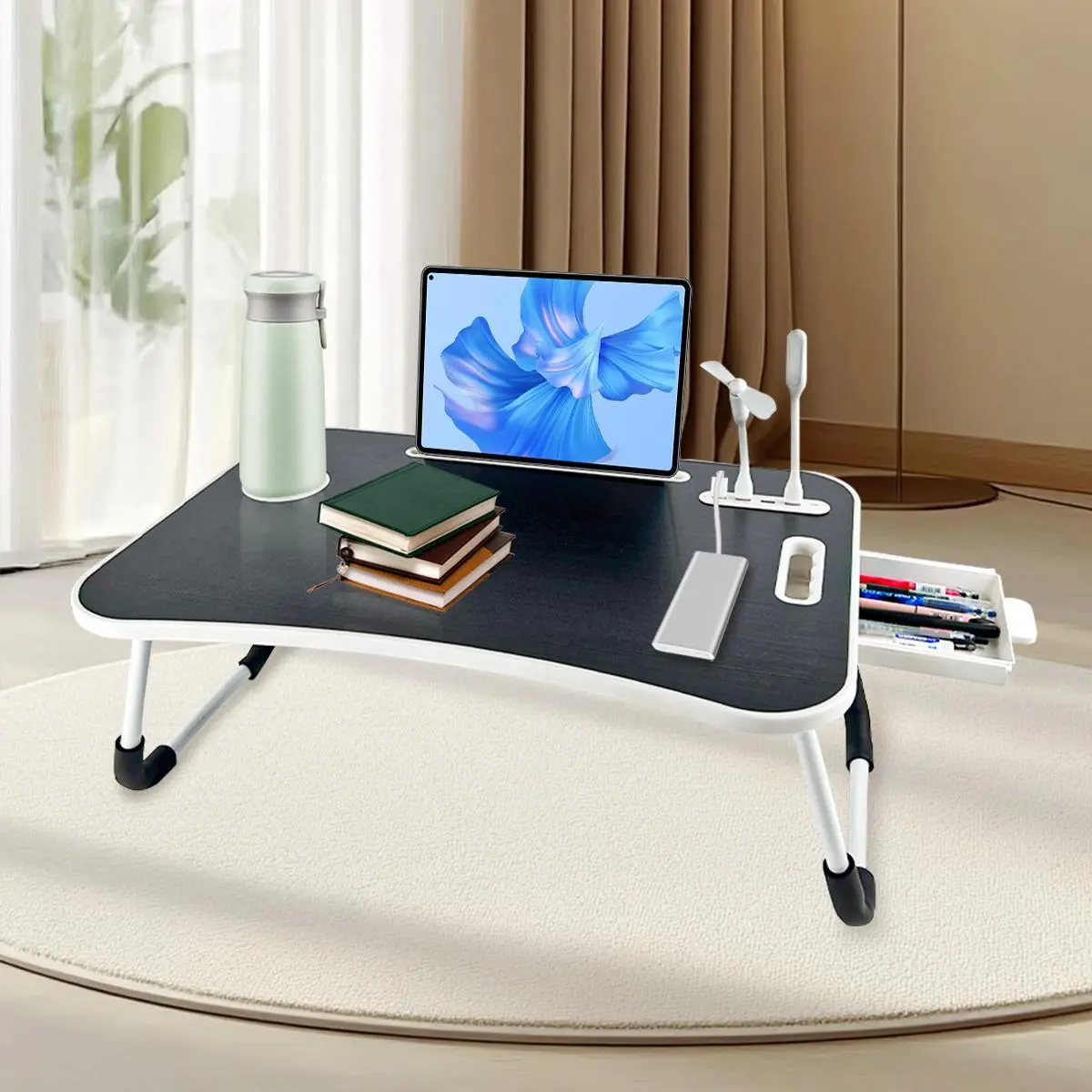 Portable Foldable Wood Laptop Bed Desk - Oversized Durable Long-Lasting Single Rectangle Unit with Tilting Adjustable Top, Cup-Holder Ease, Drawers, USB Charging Fan, Light, Space-Saving Compact Sturdy Flat-Folding Design for Couch Storage