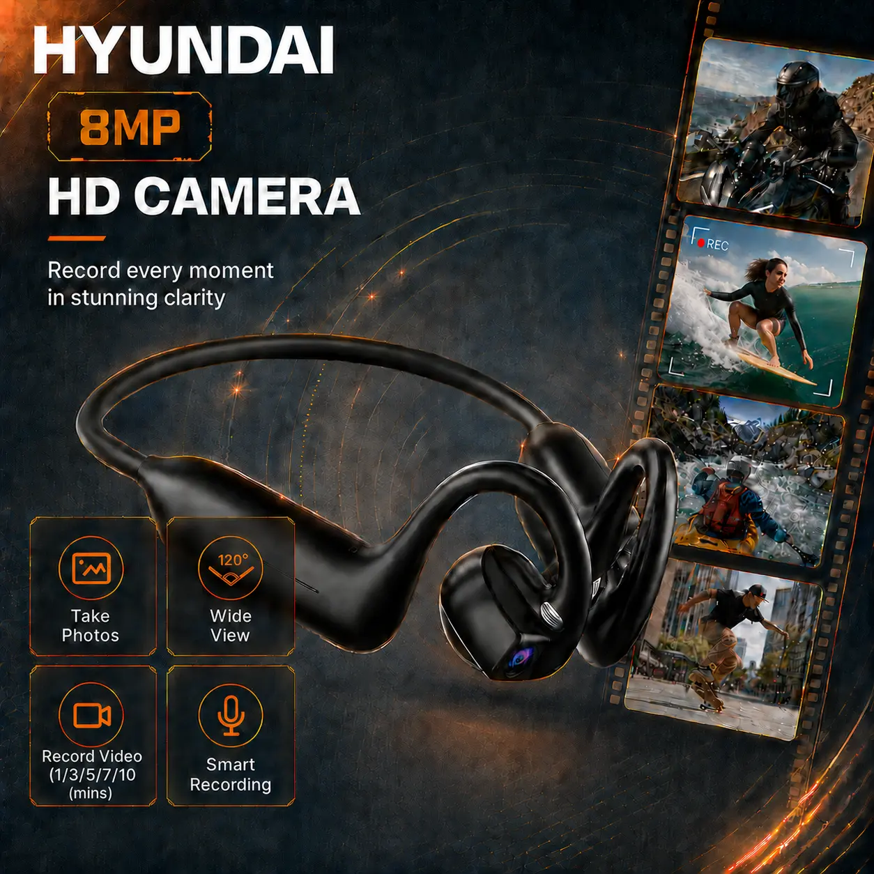HYUNDAI Open-Ear Bone Conduction Headphones with 8MP EIS Camera Support AI Smart Conversation,HD Video&Voice Recording, IP54 Waterproof Sports Headset with Touch/Button Control for Outdoor Sport &Travelling