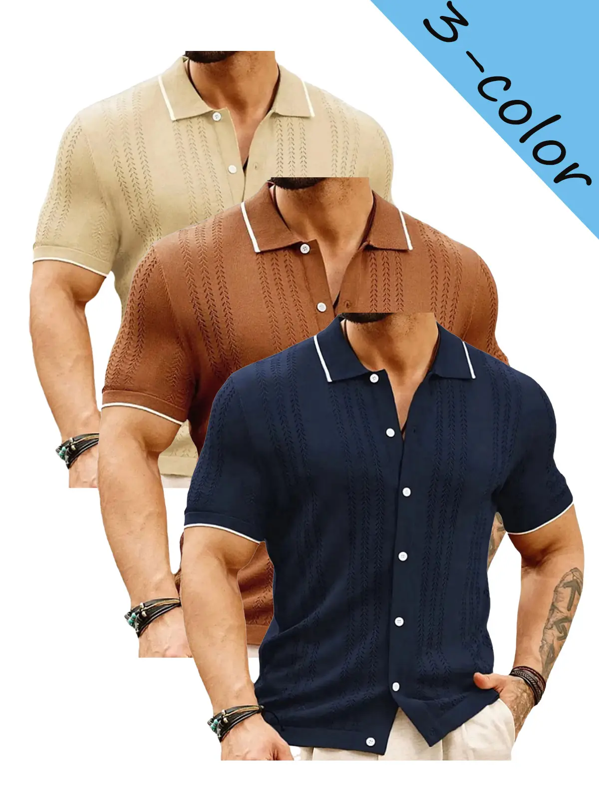 Men's Short Sleeve Knit Polo Cardigan, Button Down Jacquard Collared Shirt for Men, Business Casual Open Knit Sweater Polo, for Work, Office & Commute