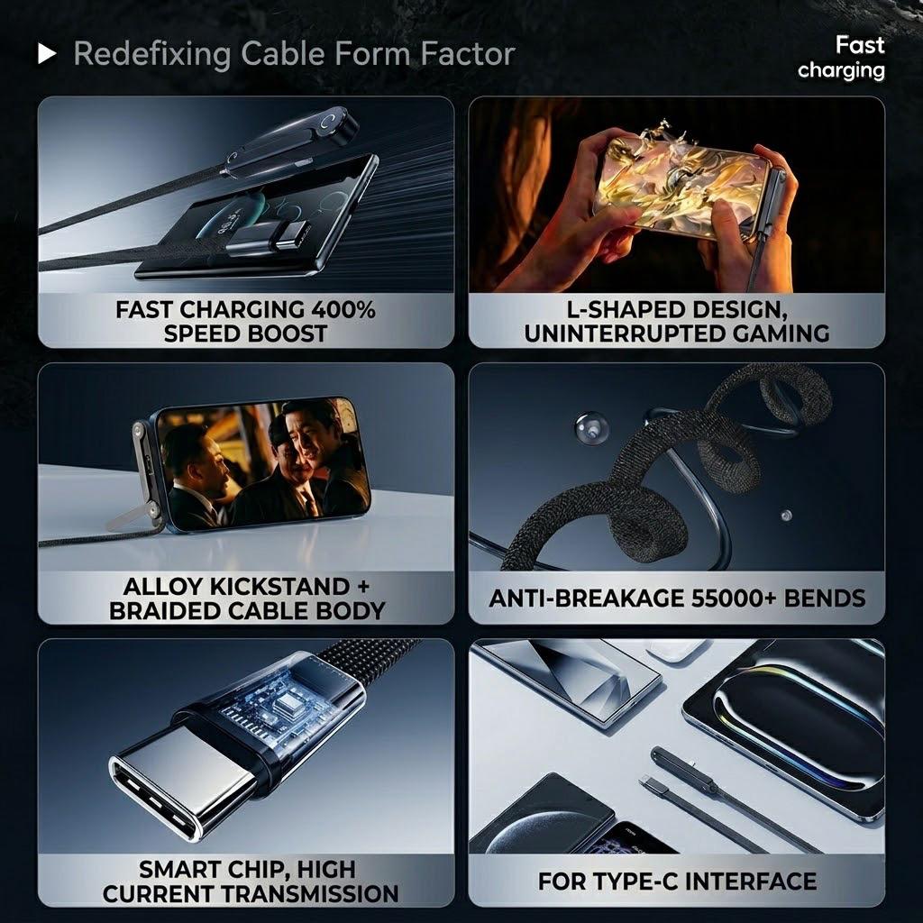 Invisible Stand Type-C Charger Cable, 240W Super Fast Charging 2-in-1 Charging Cord & Phone Holder for Gaming, Office, Car Travel – Black