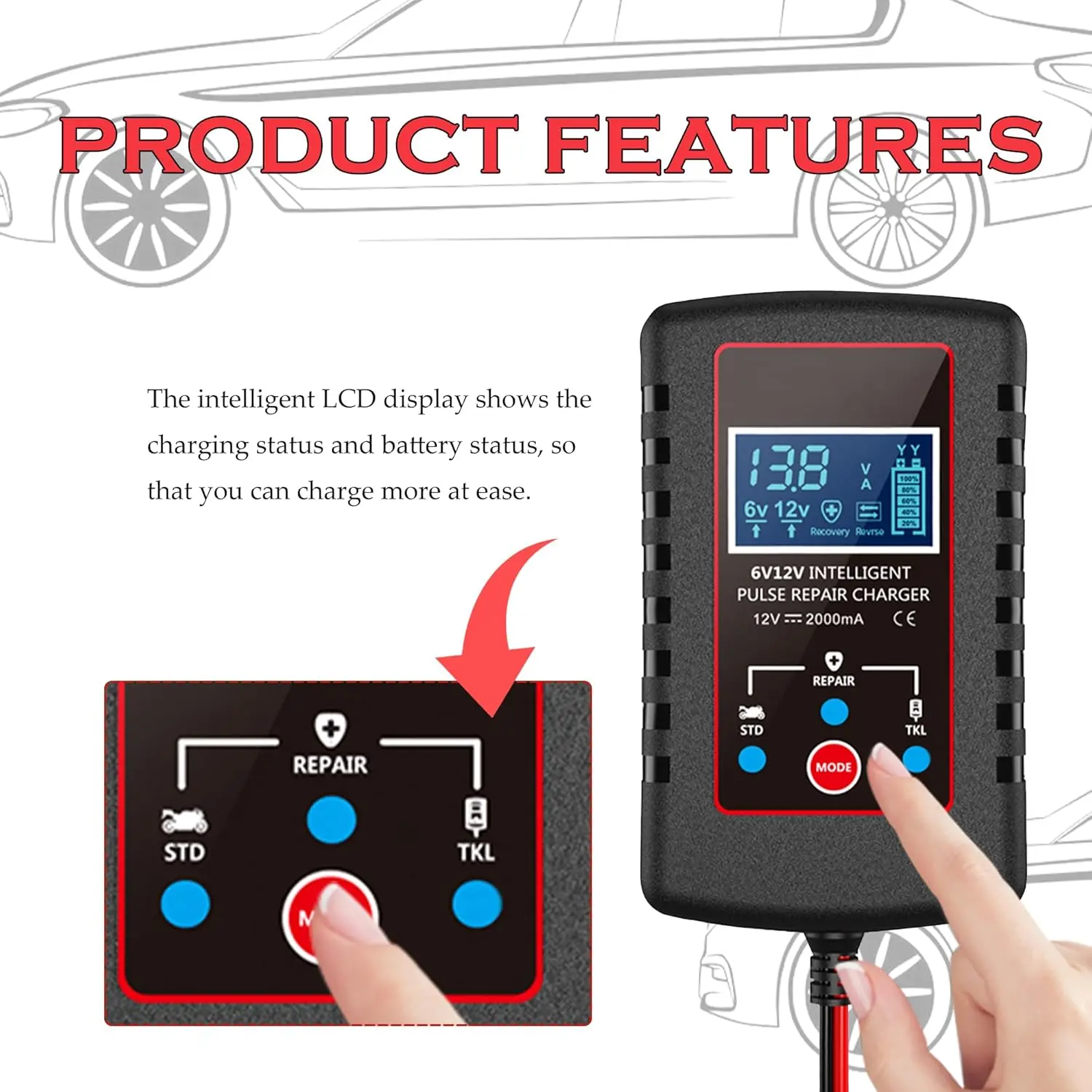 Trickle Charger for Car Battery 12V/6V,Smart Automatic Motorcycle Battery Charger with SAE Cable,Universal Battery Maintainer Car Accessories for Most Cars Trucks Motorcycles