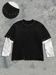 Men's Long Sleeve Retro Vintage T-Shirt, Knitted, Colorblock Faux Two-Piece Design, Rivet Decoration, Casual Round Neck, Fall Winter Streetwear