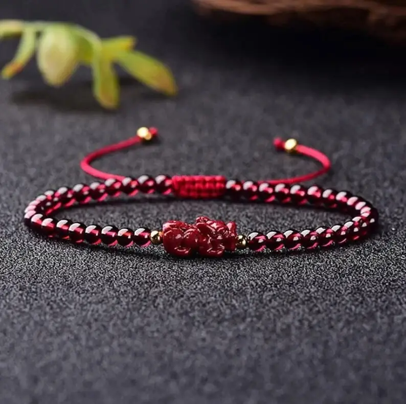 Dragon Charm Protection Bracelet Natural Garnet Bracelet Gemstone Pixiu Charm Bracelet Healing Bracelet Dainty Style for Daily Use Handmade Gift