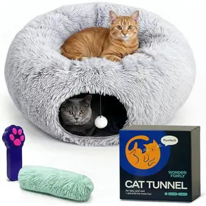 Cat Donut Tunnel Bed - Cat Tunnels for Indoor Cats - XL Plush Circle Hideaway with Cat Toys, 3-in-1 Foldable Playground & Cozy Cave Bed, Gift-Ready House Under Christmas Tree for Ferret, Rabbit, Kitty