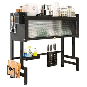 Kitchen Storage Cabinet Steel Over The Sink Dish Drying Rack 3-Tier Multi-Functional Kitchen Storage Rack Large Over The Sink Dish Rack with Cover