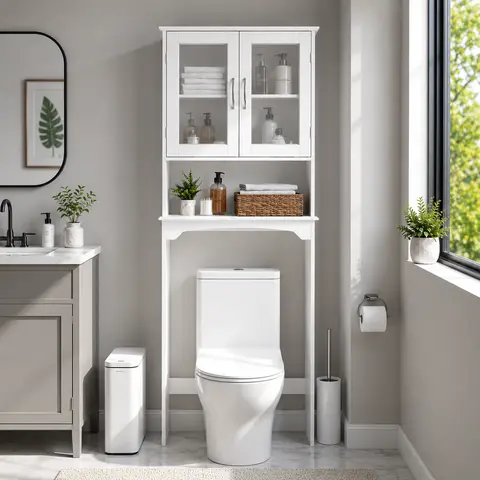 Costoffs Modern Minimalist Over-The-Toilet Storage Cabinet - Durable MDF Wood, Moisture-Resist Indoor Bathroom Cupboard with 2 Adjustable Shelves, 3 Height Settings, 3-Level Shelf Fit, Tempered Glass Doors, Open Compartment for Bathroom Organizers