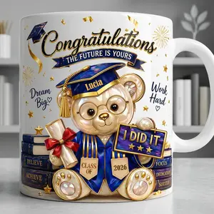 Custom Graduation Mug 2D Printed 3D Effect Bear Design Coffee Cup, Personalized Name Keepsake for Students Graduates Class of 2026 Celebration, Cute Ceramic Gift Idea for Him Her Friends Family University Graduation Present