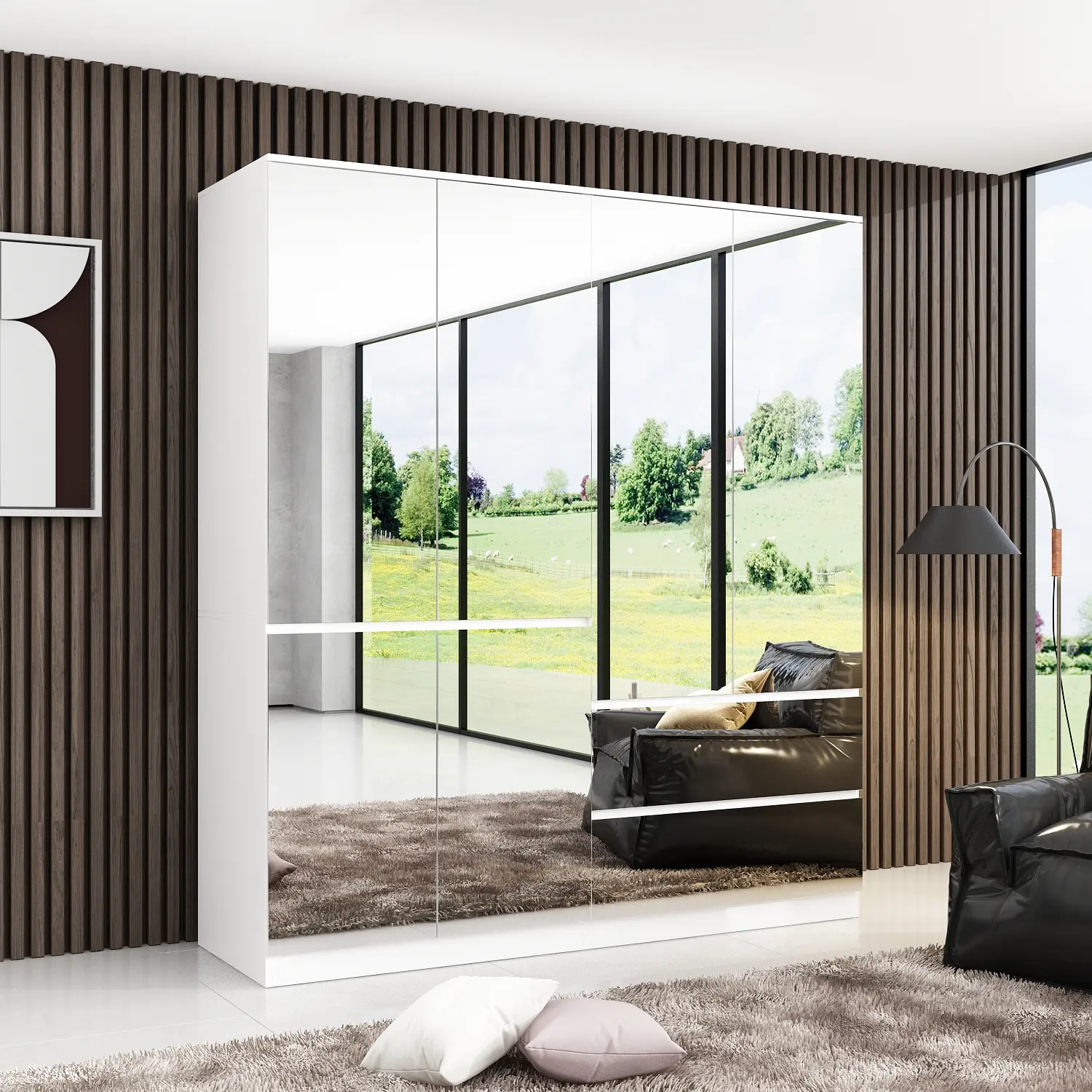 FUFU&GAGA Modern 3-Type MDF+Glass Armoire Wardrobe with Mirror Doors, Full-Length Glass Mirrors, 2 Smooth Sliding Drawers, Hanging Rod for Bedroom Storage, 15kg Capacity, Requires Assembly
