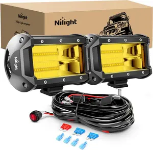 Nilight Led Light Bar 2PCS 5Inch 72W 10800Lumens Yellow Flood Beam Fog Driving Lamps Off-Road Lights with 16AWG Wiring Harness Kit-2 Lead harness kit-2 light pod fog boat  Vehicle  dealsforyoudays