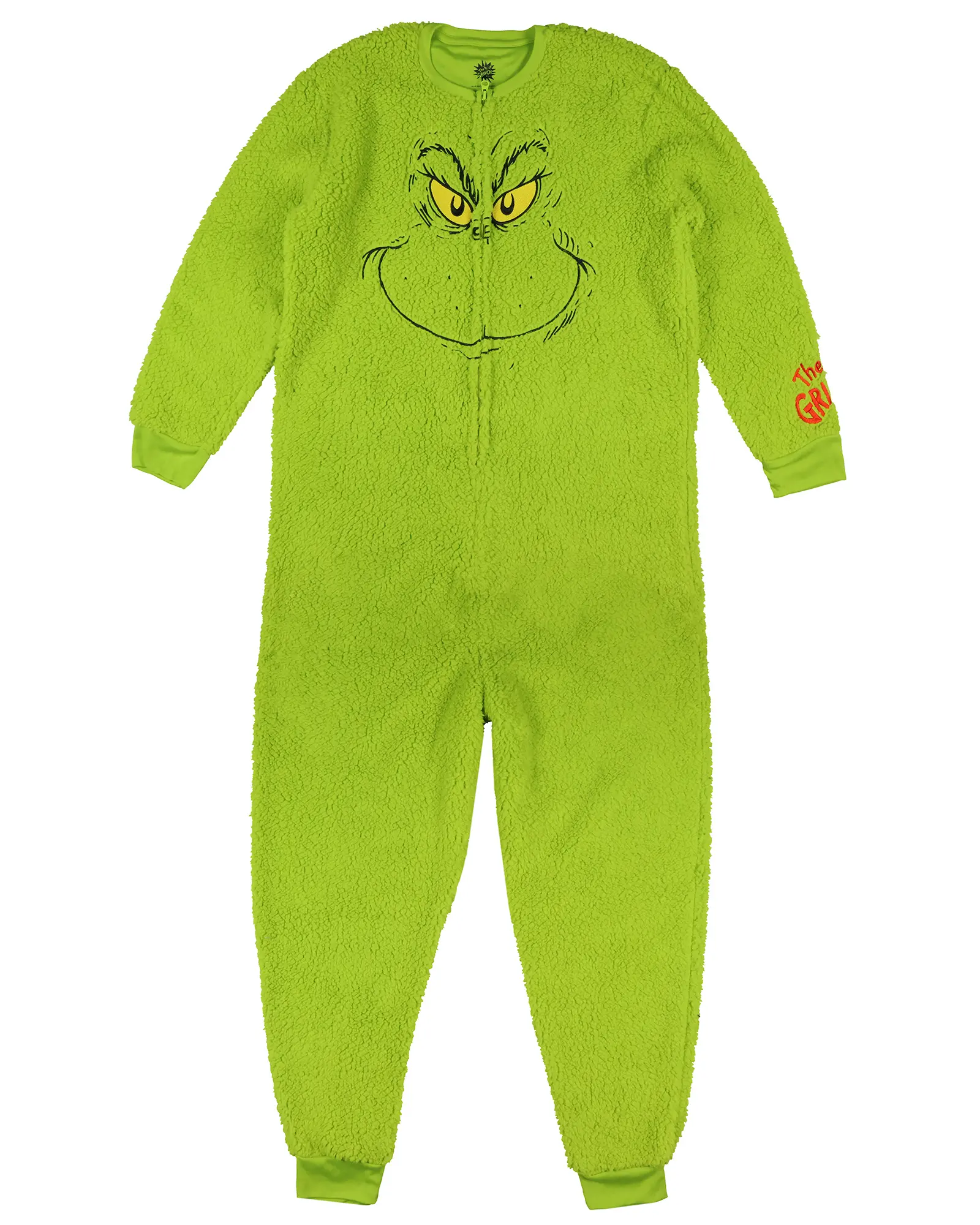 Grinch Adult Jumpsuit, Plush Fleece Polyester Pajama with an Embroidered Face and Long Sleeves for Cosplay, Ribbed, Unisex, Menswear, Graphic, Zipper, Nightwear, Fabric, Soft, Twist, Hoodie