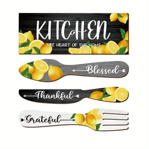 4-Piece Lemon Kitchen Decor Set, Fork & Spoon Summer Lemon Wood Wall Hanging Art, Wall Mounted Decor, Leaf Design, Rustic Farmhouse Style, Restaurant Home Decoration