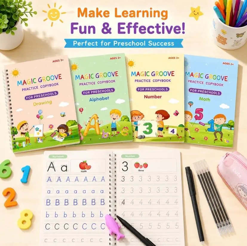 4 Pcs Reusable Grooved Handwriting Practice Books Magic Copybook with Disappearing Ink Pens Pencil Grips for Kids Age 3-8 Preschool Learning Activities