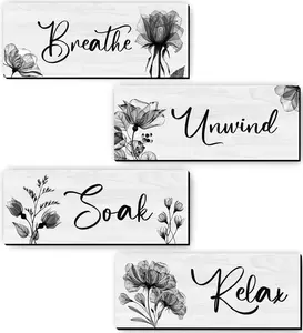 4 Pieces Bathroom Wall Art Rustic Farmhouse Decor Sign Relax Soak Unwind Breathe Wood Hanging Sign for Home Spa Bathroom Laundry Décor
