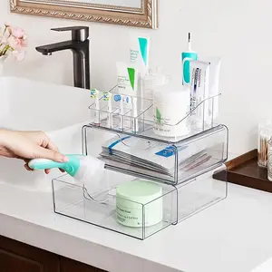 [2 Set] Vtopmart 5 Tier Clear Makeup Organizer with Drawer for Dresser Countertop & Bathroom Vanity Cosmetic Storage for Lipstick Brush Skincare Spacious Compartments Transparent Design Anti-Slip Silicone Pads Boxes New Year Gift