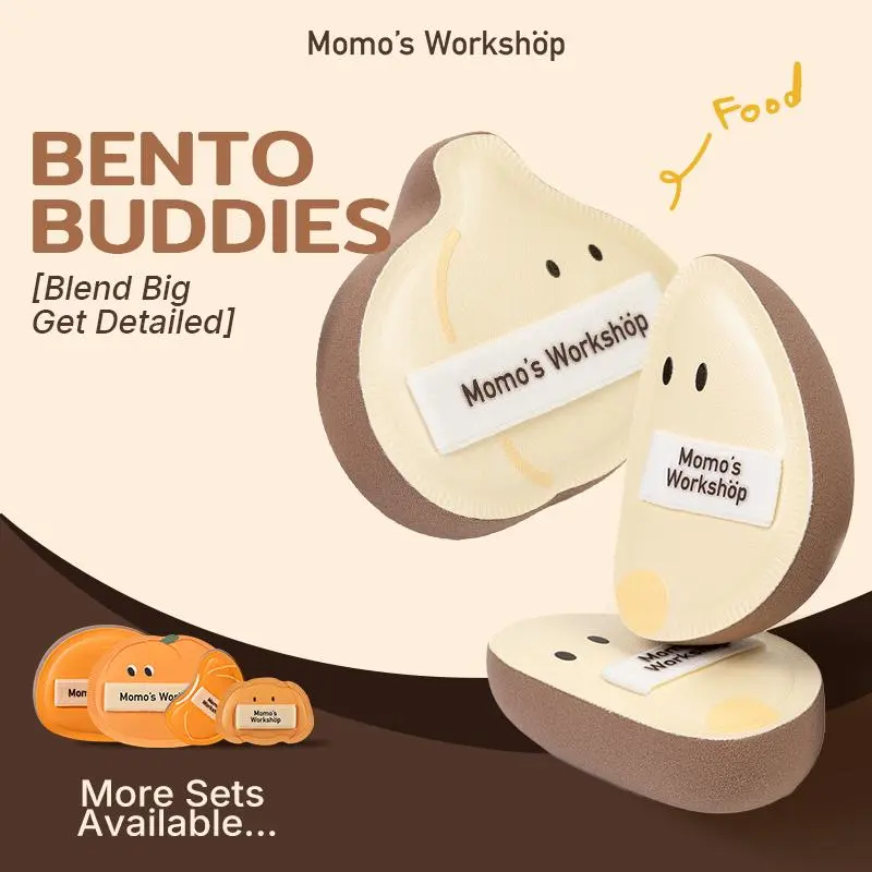 Momo's Workshop Bento Buddies Trio, Large Soft Bounce, Small Firm Bounce PU Leather Puff, Rubycell Blender Sponge for Liquid & Cream Makeup, Powder Puff, Puff Foundation, Travel Friendly, Storage Case