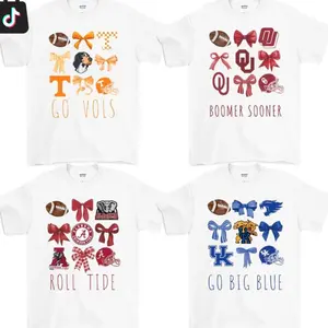 [Sale off 50%] Custom College Vintage College Football Bow White T-Shirt, Retro Football Coquette Tee, College All Team Football for Fan, Casual Game Day Shirt for Women Fit Womenswear Hand-Drawn T-Shirt DI8