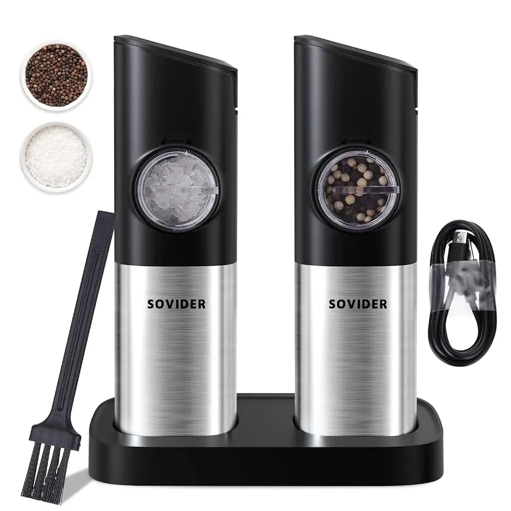 2-Piece Stainless Steel Electric Salt and Pepper Grinders Set, Kitchen Gadgets Utensils, Seasoning Tool with Variable Coarseness, Charging Base, ABS Body, Sturdy, Waterproof, Reusable, Blue LED Light, Ideal for Cooking, Mother's Day Gifts, Salt Pepper Sha