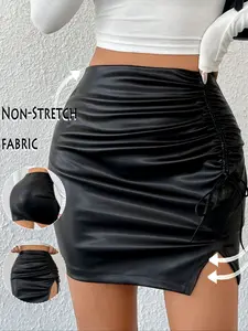 Women's Short Drawstring Leather Skirt, Sexy Fashion Design, Zipper Closure, Fitted Style, Perfect for Valentine's Day & Daily Wear