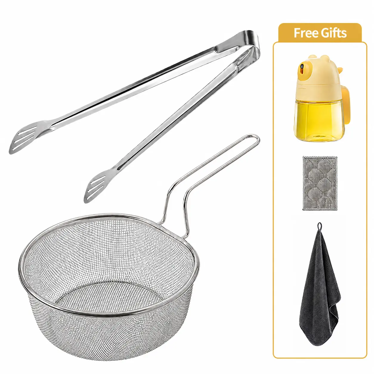304 Stainless Steel Frying & Boiling Set with Strainer Basket and Tongs, Durable Kitchen Cooking Kit, Includes Oil Sprayer & Cleaning Cloths (Free Gifts)