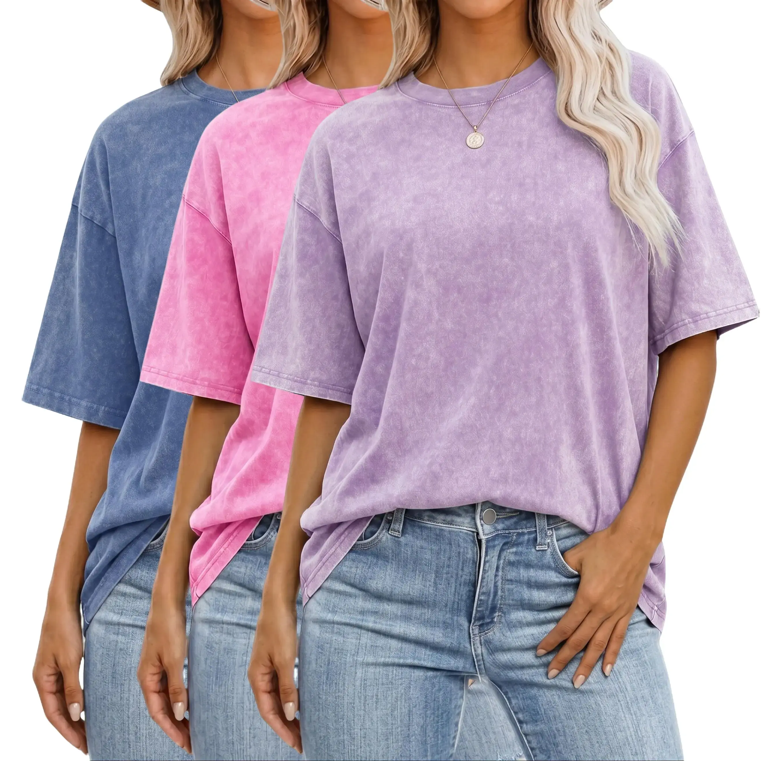 Women's 3-Pack Oversized Tshirt - Retro Vintage Washed Pure Cotton Lightweight Crew Neck Short Sleeve Loose Baggy Solid Color Casual Summer Tops, Plus Size, T Shirts, Oversized Tshirt Women, Casual Tee Shirts, Plus Size Tops, Round Neck, Plain, Xl
