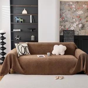 1PC Bohemian Style Plain Chevron Fringe Sofa Cover | Modern Minimalist Design Sofa Slipcover, Non-Slip & Dustproof, Pet Scratch Resistant Sofa Protector, Universal Sofa Decor & Furniture Guard, Fits 1/2/3/4 Seater Sofas, Premium Christmas Gift