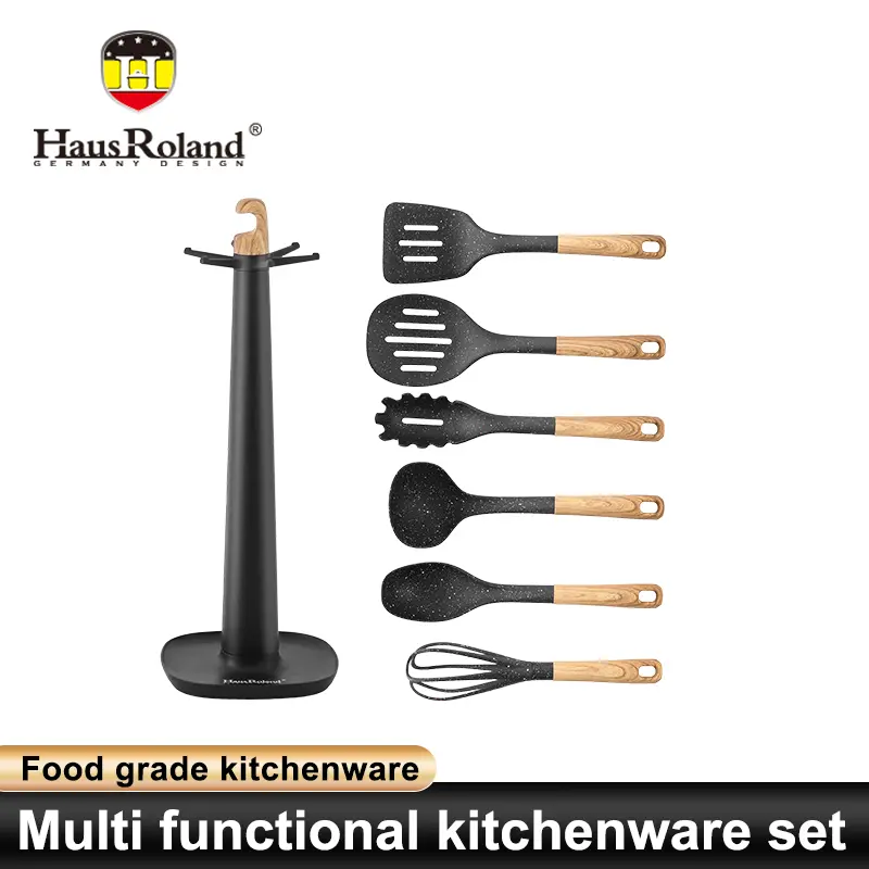 Cooking Utensils Set, 6pcs Non-Stick Silicone CookingKitchen Utensils Spatula Set with Holder, Wooden HandleSilicone Kitchen Gadgets Utensil Set