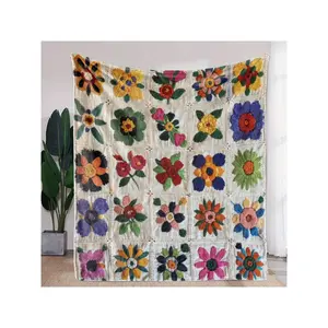 Vibrant Hand - Crocheted Floral Patchwork Blanket | Colorful Boho Flower - Patterned Throw for Cozy Home Decor