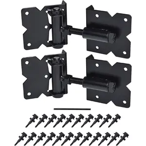 Heavy Duty Self Closing Gate Hardware Hinges, 90 Degree Adjustable for Wooden Vinyl PVC Fences, Comes with Installation Screws and Swing Adjuster Tool, 2 Pack Set Black