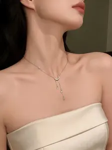 Elegant Silver Color Bling Necklace with Star Moon Fringe, Stunning Women's Jewelry Birthday Gift Accessory, Fashionable Pendant