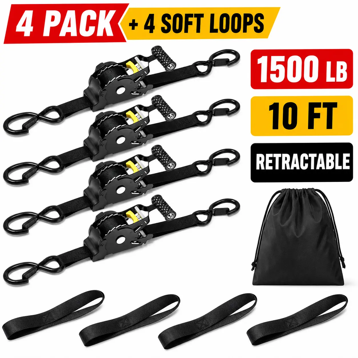 Retractable Ratchet Strap 1/2/4 Pack, 1" x 10 FT Heavy Duty Tie Down Straps with Soft Loops & Storage Bags, Auto Retractable Cargo Straps for Truck, Motorcycle, ATV & Trailer