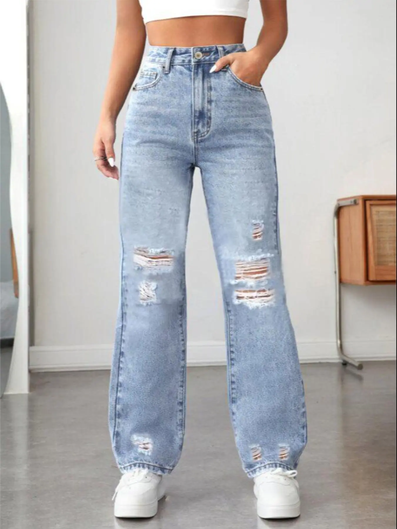 Women's Plain Ripped Wide Leg Fit Jeans, Casual Comfy Denim Pants for Daily Wear, Ladies Bottoms for Summer