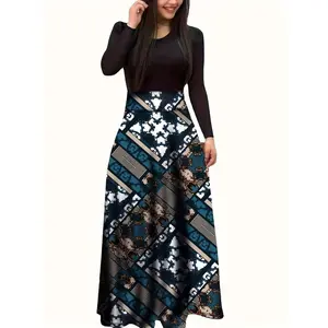 Long Sleeve Elegant Floral Print Maxi Dress, Crew Neck Pleated Women's Clothing Womenswear Casual Boho Bohemian Casual Belted Slit
