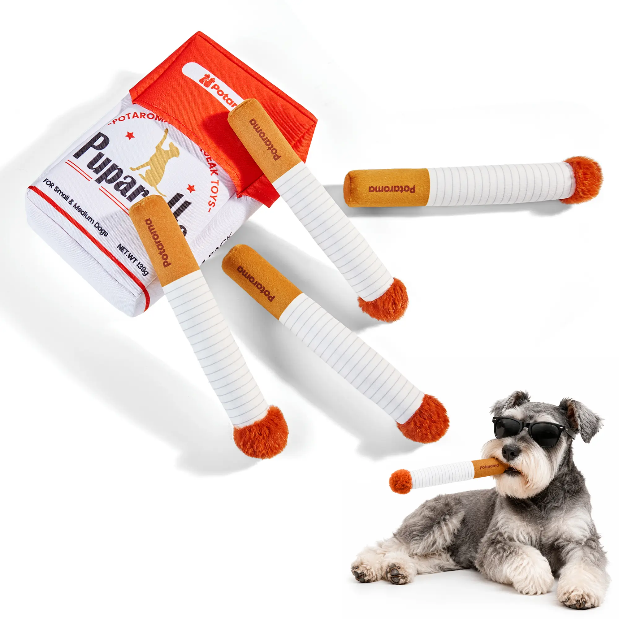 Pataroma 4 Pack Squeaky Plush Dog Puff Sticks with Hide-Treat Fabric Box, Novelty Interactive Indoor Play Toys for Gentle Small & Medium Dogs, Pet Holiday & Birthday Gift