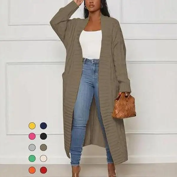 Longline Textured Pocket Cardigan in Olive Green Soft Knit Open Front Versatile Layering Knitting Top Fitted Basic Knitwear with Textured Pockets