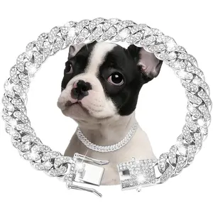 Rhinestone Dog Chain Collar - Diamond Cuban Link Metal Pet Collar, Sparkly Crystal Pet Jewelry Necklace Accessories for Small Medium Large Dogs & Cats