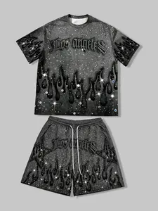 'los Angeles' Flame Print 2-Piece Set, Vintage Washed Streetwear, Casual Fitted Suit, All over Print, Trendy Fashion Ensemble